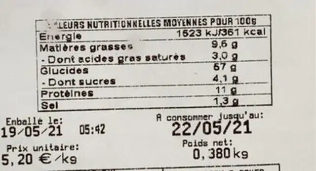 Pain hamburger nutrition facts table