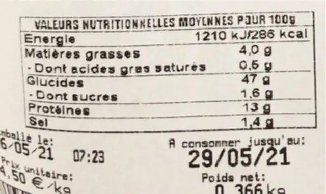 Pain céréales et graines nutrition facts table