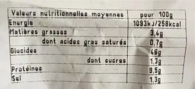 Pain bucheron nutrition facts table