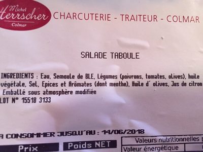 Salade taboulé ingredients label