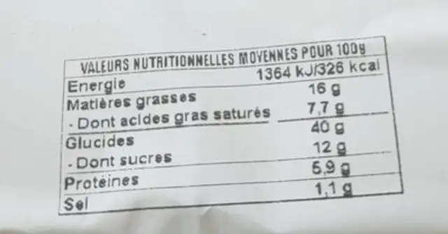 Patte d'ours nutrition facts table