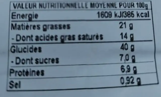 Croissants PB x4 nutrition facts table