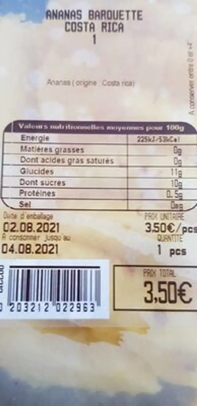 Ananas Frais nutrition facts table