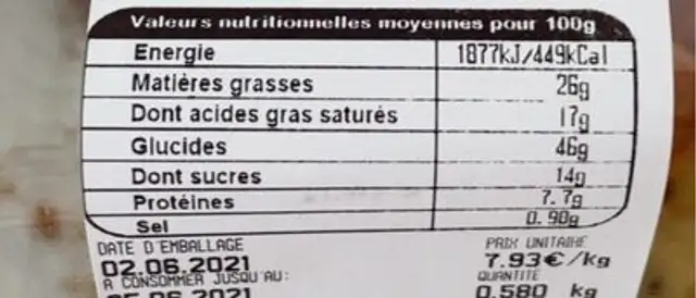 Pains chocolat nutrition facts table