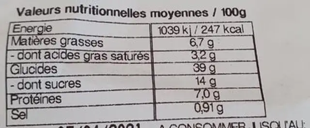 Chinois nature nutrition facts table