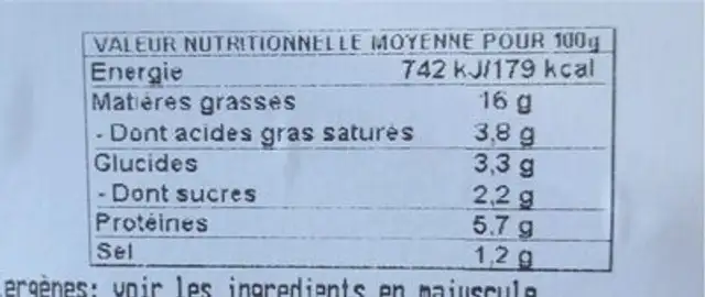 Trio Choux Jambon Comté nutrition facts table