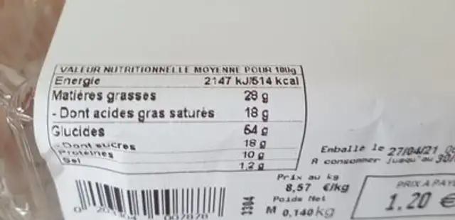 Pain au chocolat nutrition facts table