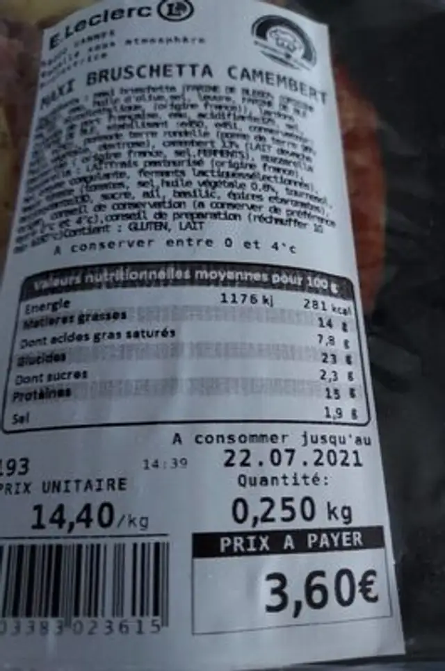 Maxi bruschetta camembert nutrition facts table