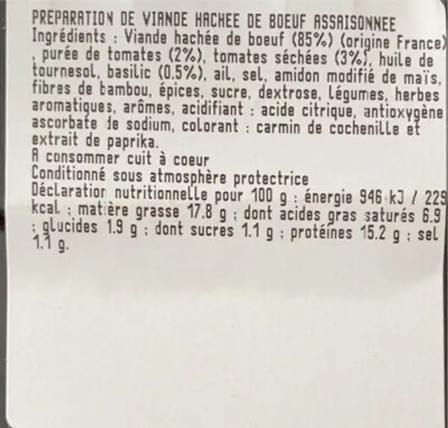 Boulette de boeuf tomate basilic nutrition facts table