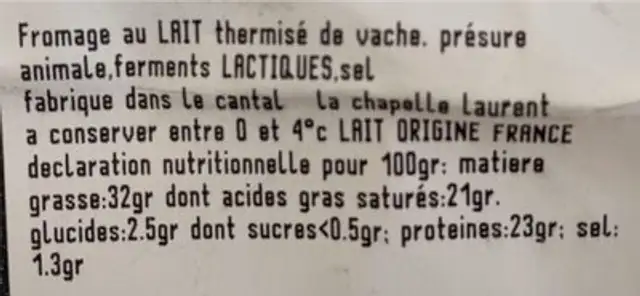 Le chapelou nutrition facts table