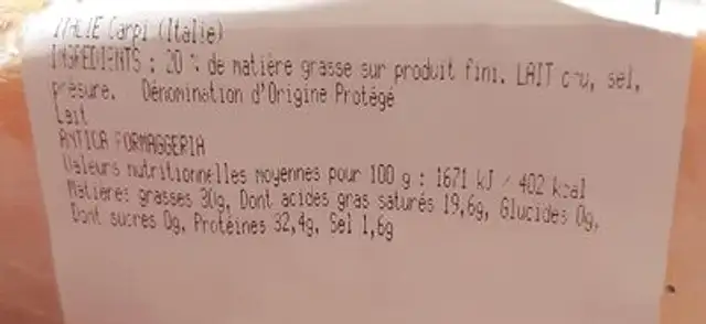 Parmiggiano reggiano DOP nutrition facts table