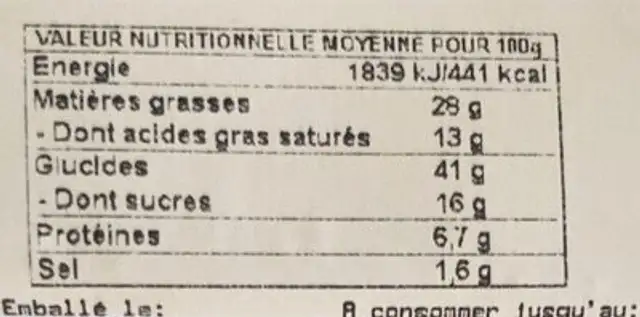 Donut’s chocolat *4 nutrition facts table