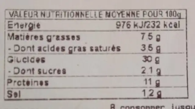 Pizza l'ensoleillada nutrition facts table