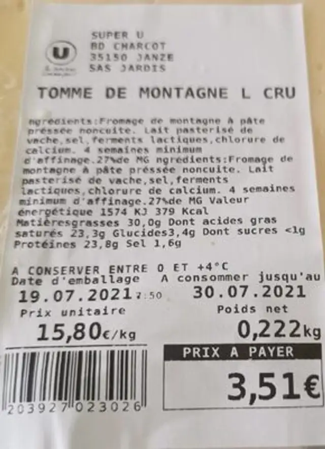 Tome de montagne au lait cru
