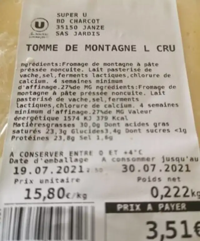 Tome de montagne au lait cru nutrition facts table