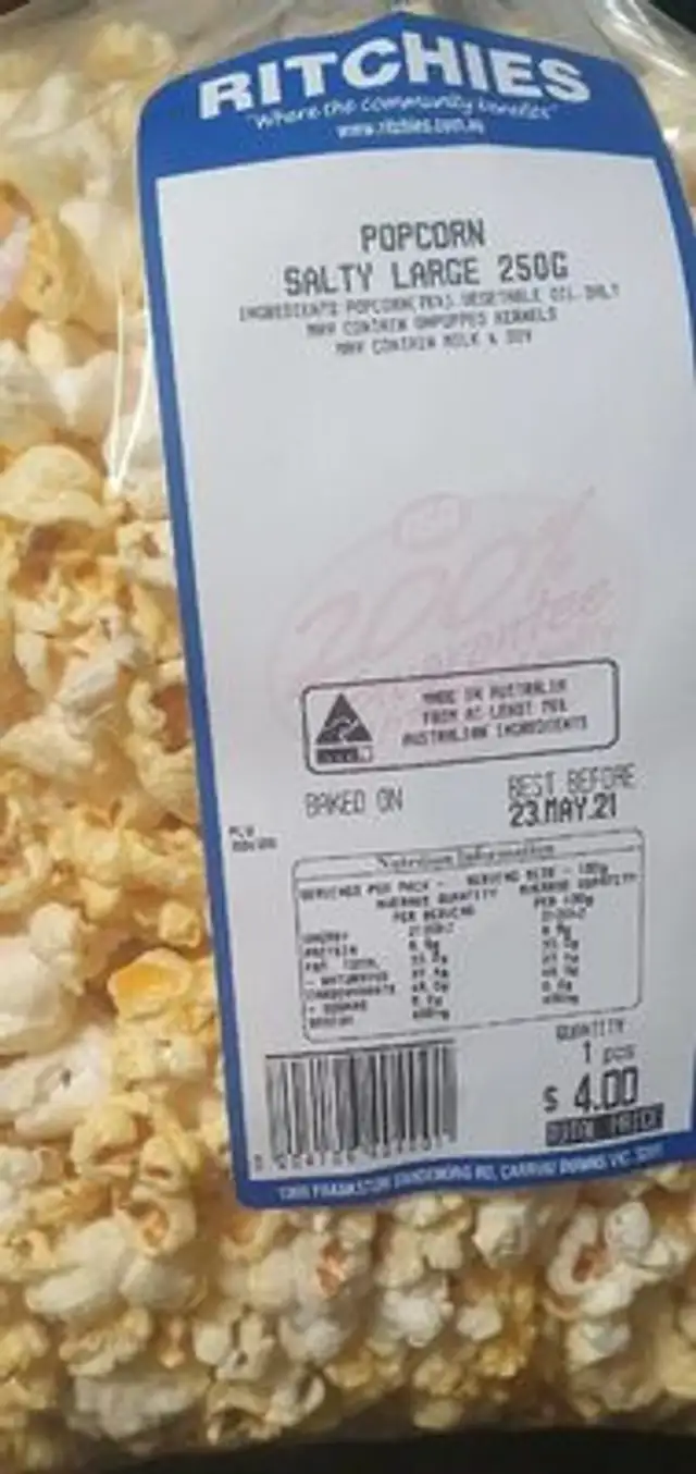 Ritchies IGA Popcorn (Salty, Large, 250g)
