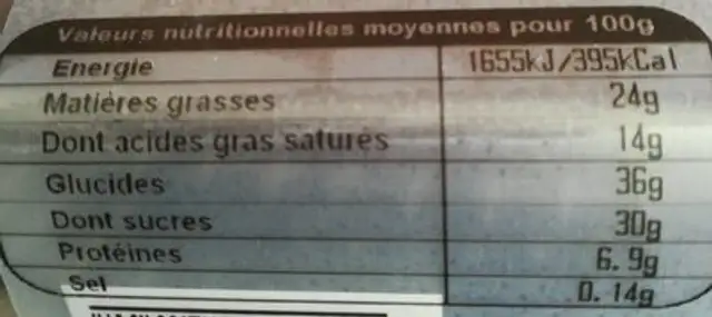 Moelleux au chocolat bio nutrition facts table
