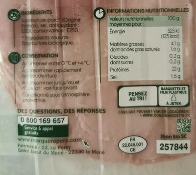 Jambon supérieur sans couenne nutrition facts table