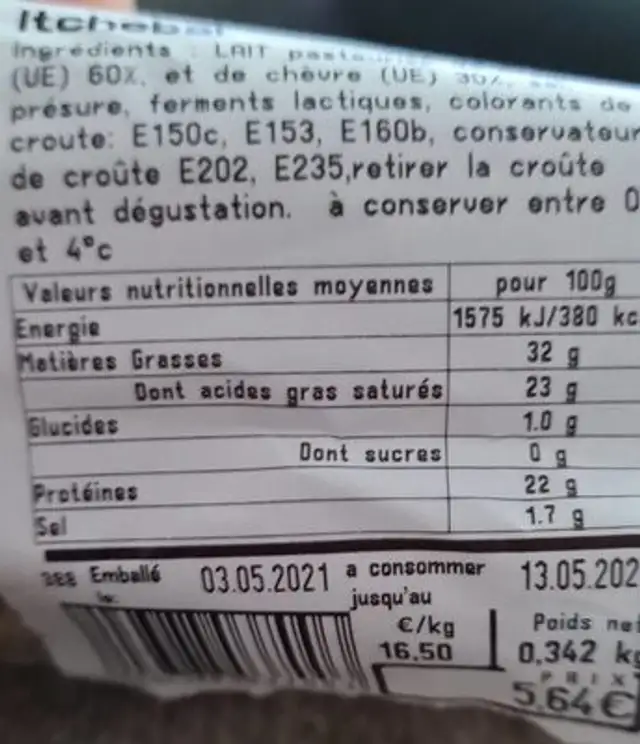 Fromage itchebai nutrition facts table