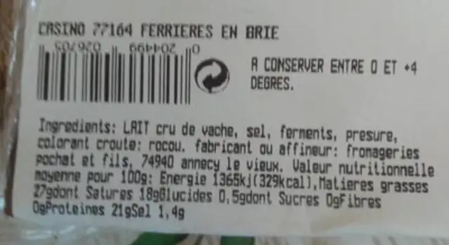 Reblochon pointe percée nutrition facts table