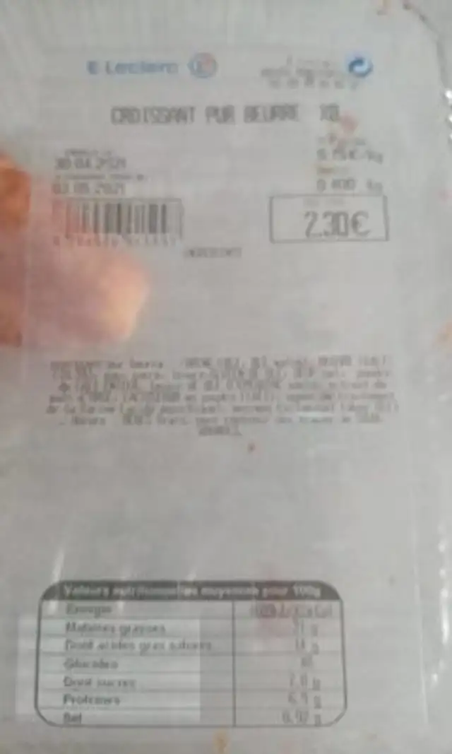 Croissant pur beurre nutrition facts table
