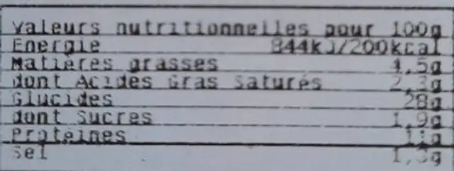 Pizza leclerc nutrition facts table