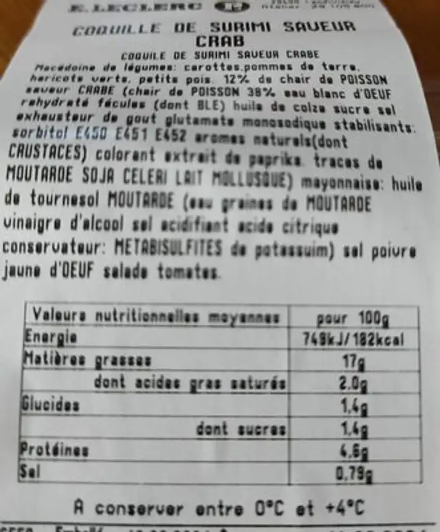 Coquille de surimi nutrition facts table