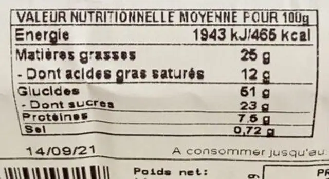 Mini Fripons chocolat nutrition facts table