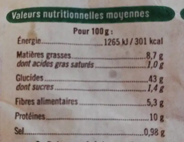 Pain aux céréales U bio nutrition facts table