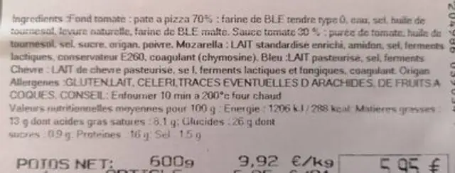 Pizza 3 fromages U nutrition facts table