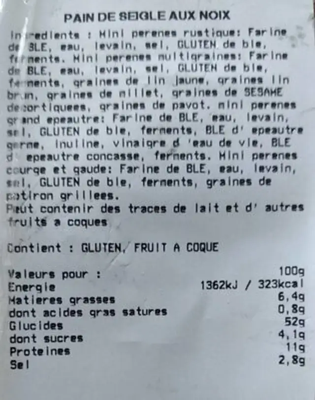 Pain de seigle aux noix nutrition facts table