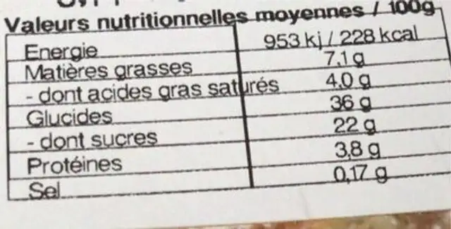 Tarte normande au pommes nutrition facts table