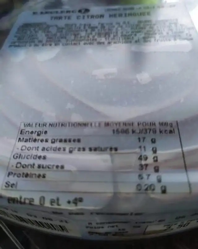 tarte citron meringuée Leclerc nutrition facts table