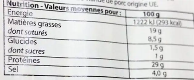 Rosette de Lyon nutrition facts table