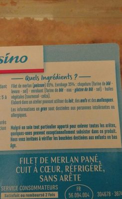 Filet de merlan pané ingredients label