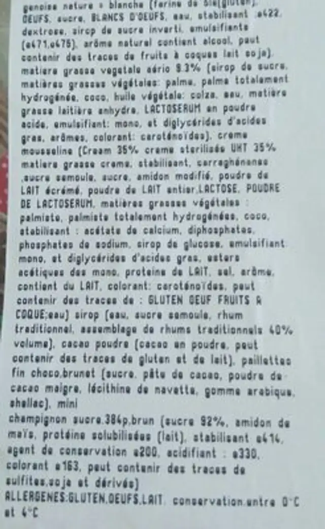 Bûchettes chocolat ingredients label