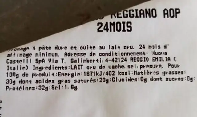 Parmigiano reggiano AOP 24 mois nutrition facts table