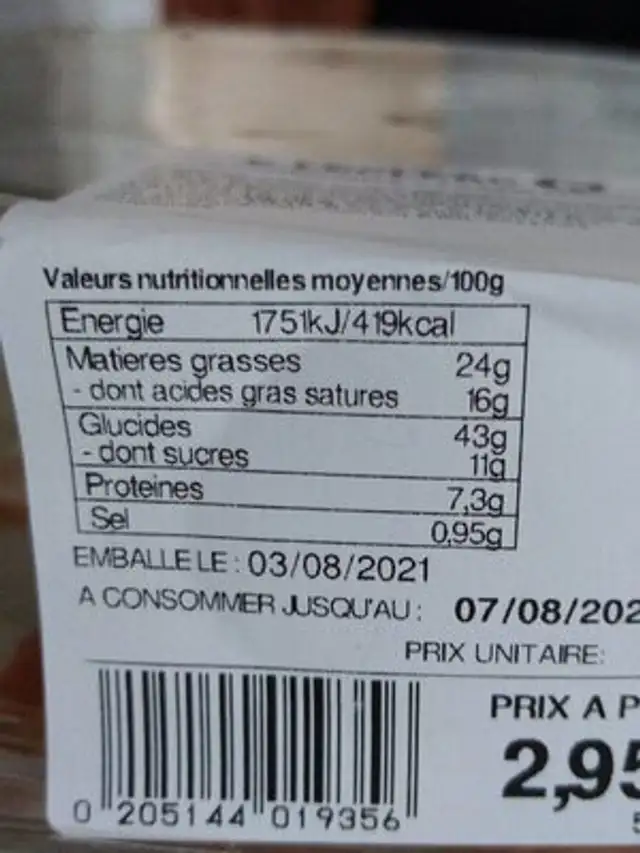 Pain au chocolat et croissant nutrition facts table