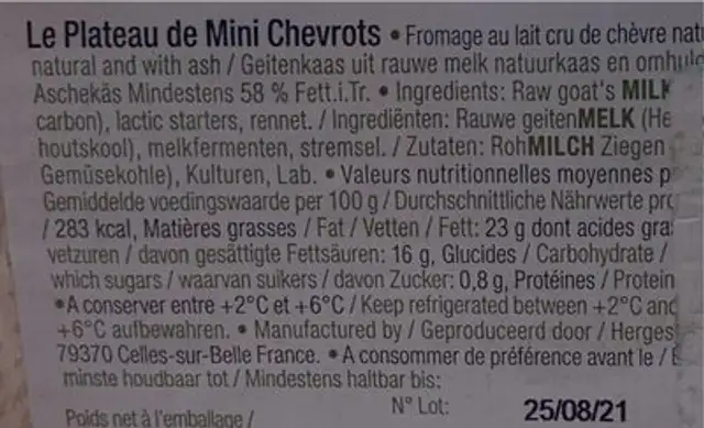 Chevrots au lait cru nutrition facts table
