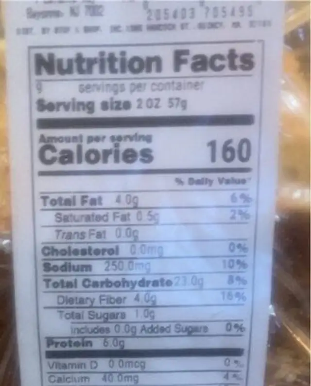 Panini bread multigrain nutrition facts table