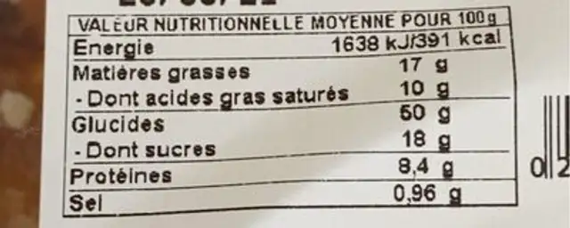 Chinois patissier nutrition facts table