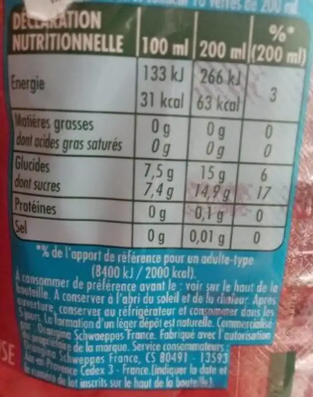 Jus de fruit nutrition facts table