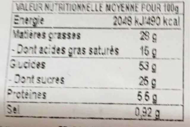 Chocobars nutrition facts table