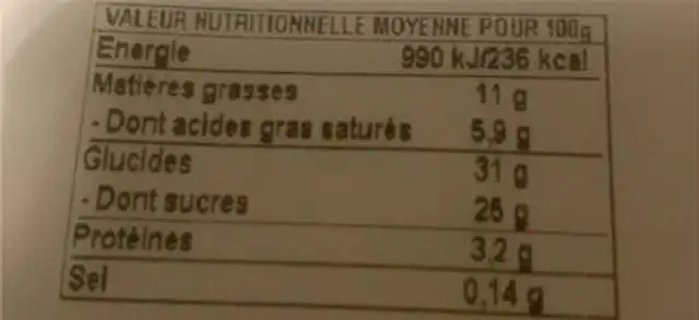 Tarte mallot nutrition facts table