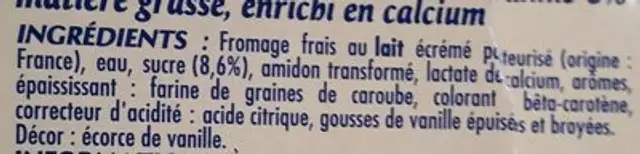 Printiligne saveur vanille ingredients label