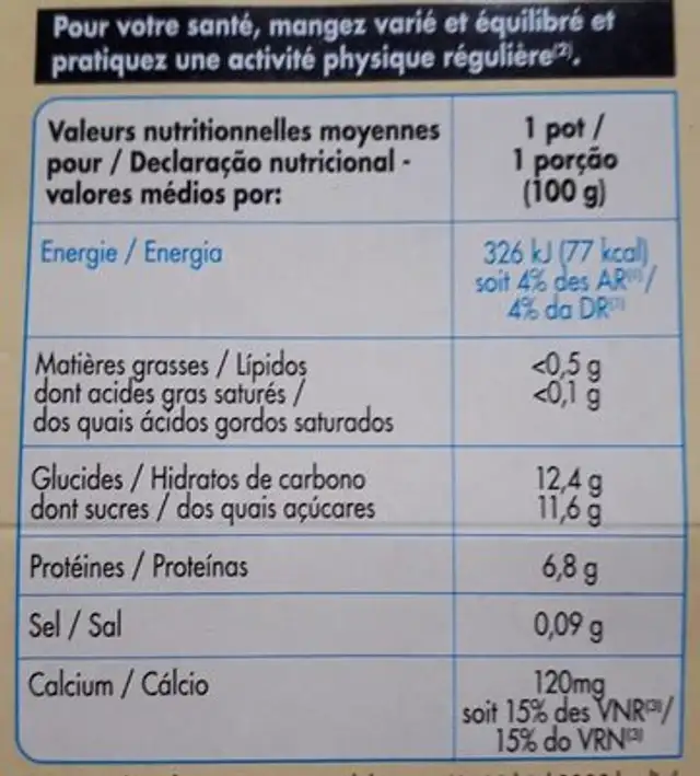 Printiligne saveur vanille nutrition facts table