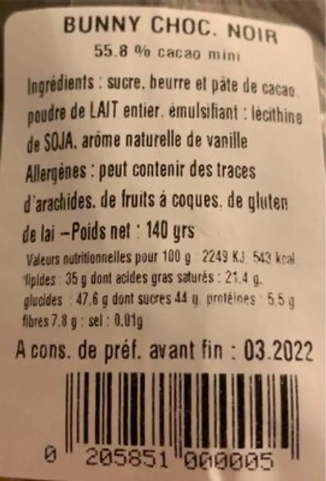 Bunny choc. Noir nutrition facts table
