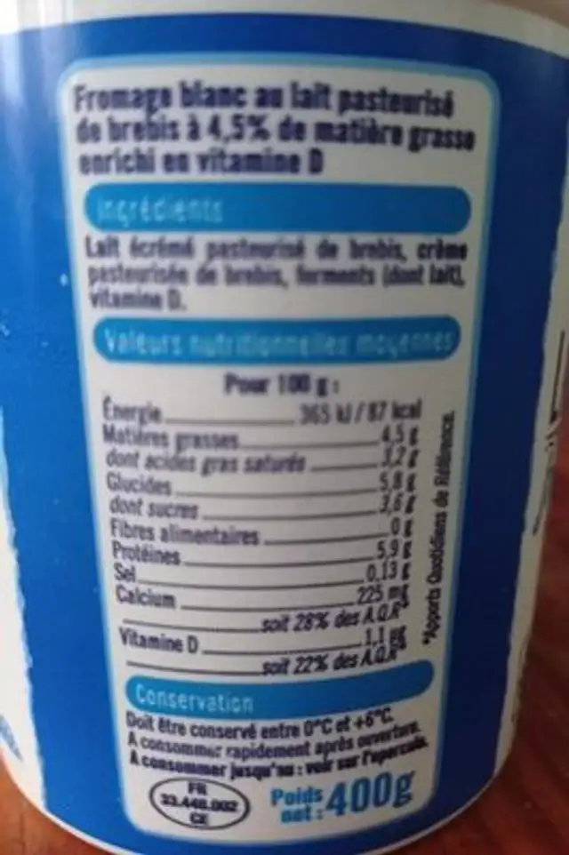 Fromage blanc au lait de brebis nutrition facts table