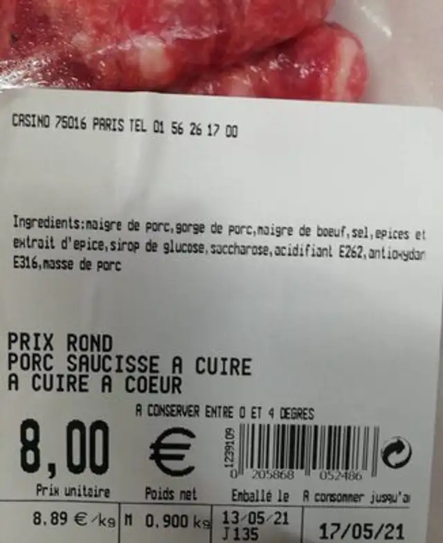 Saucisse nutrition facts table