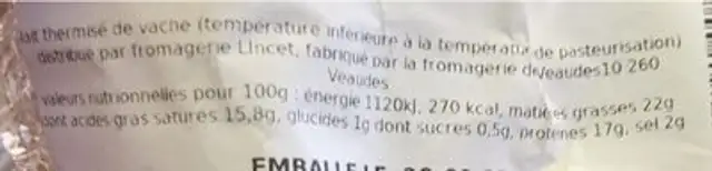Chaource aop nutrition facts table